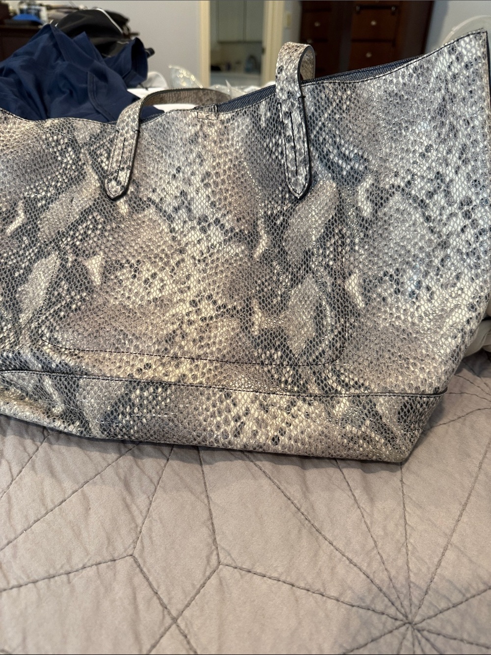 Cole Haan Metallic Snakeskin Print Leather Tote Silver Gray